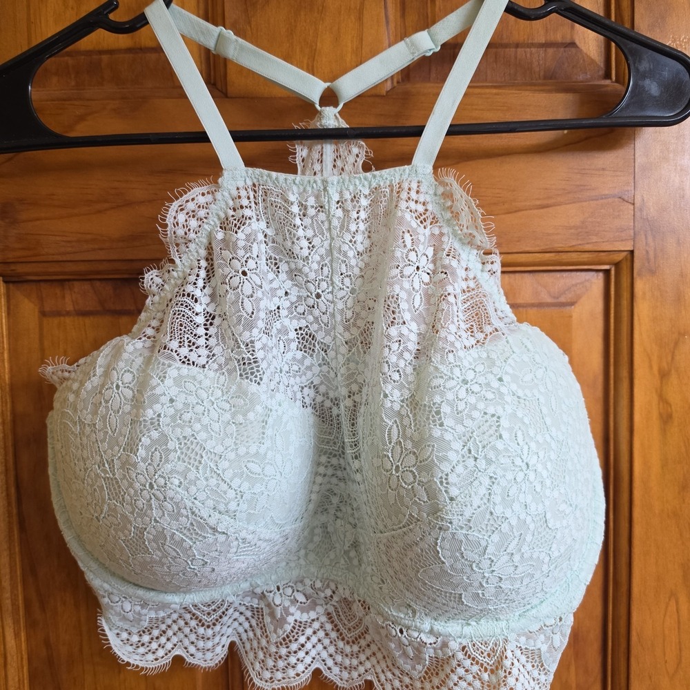 Victoria's Secret PINK Medium High Neck Bralette Womens Mint Green Floral Lace